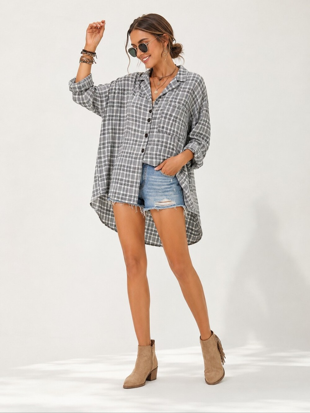 Show Me Your Mumu Lorolei Oversize Tunic Top Crinkly Plaid Hi-Low Hem Size XL